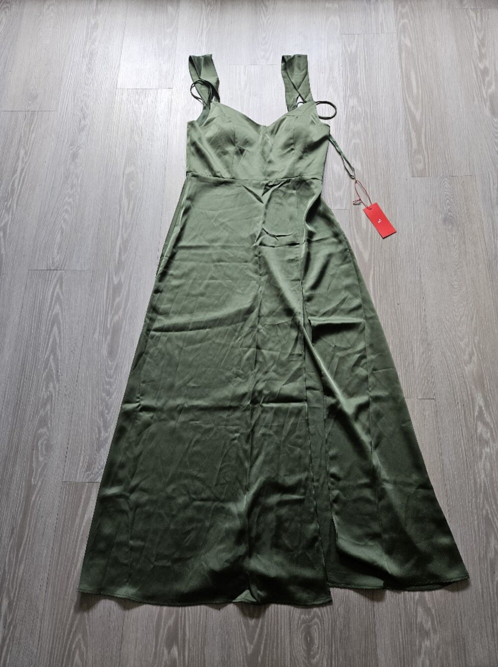 Olive Green Maxi Dress - Sleeveless Satin Look
